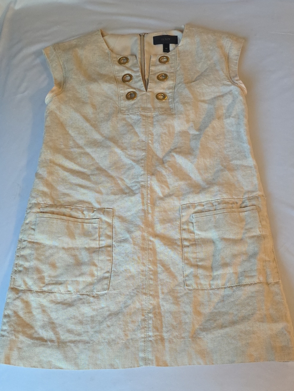 J. Crew Cream Linen-Blend Shift Dress with Gold Grommet Detail
